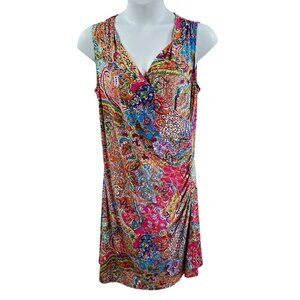 Lauren Ralph Lauren 1X Womens Ruched Side Paisley Print V-Neck Sleeveless Dress
